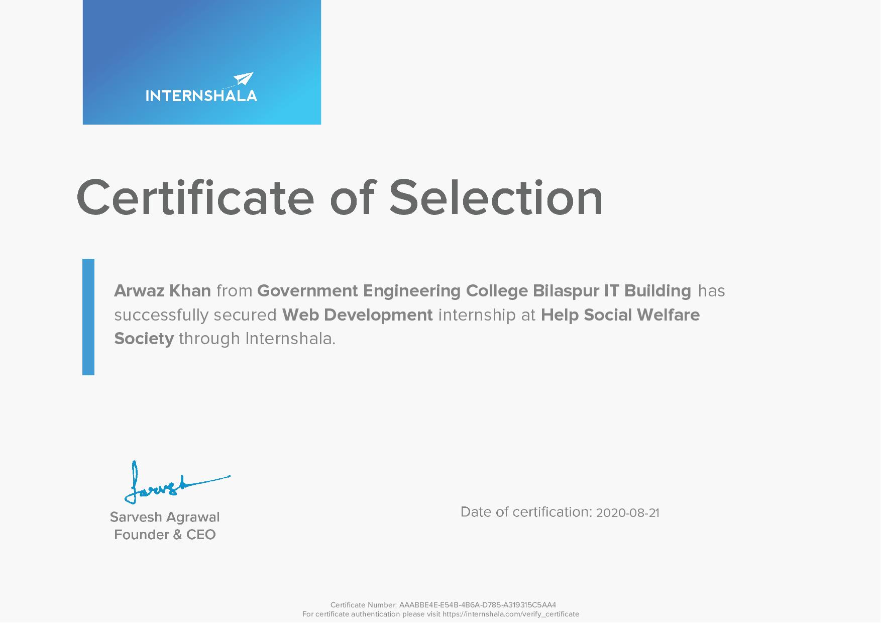 Certificate of Selection | Web Development at Help Social Welfare Society