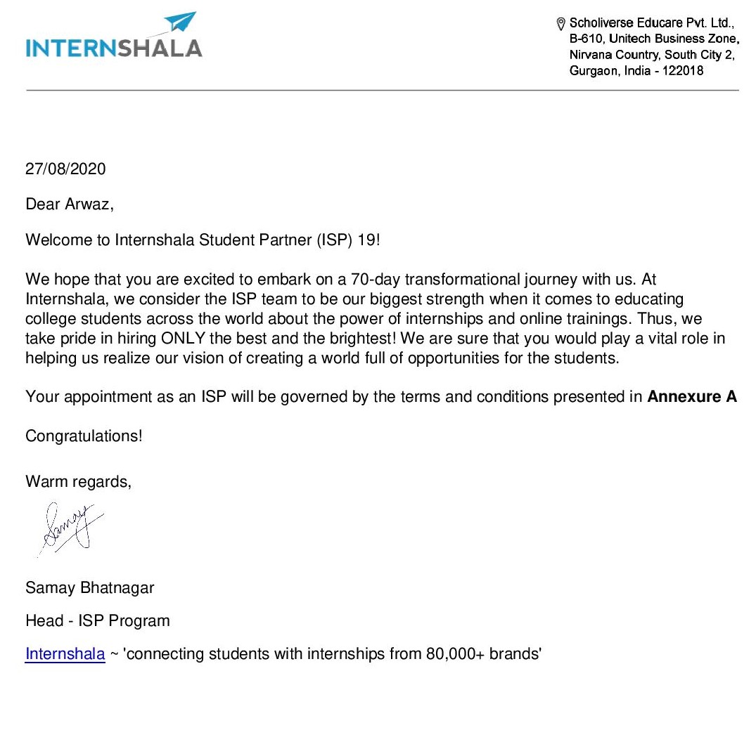 Joining Letter | Internshala Student Partner (ISP) 19